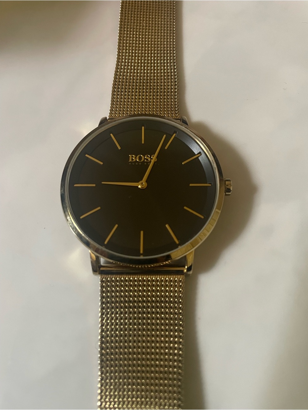 BOSS Gold Mesh Watch with Black Dial and Gold Accents